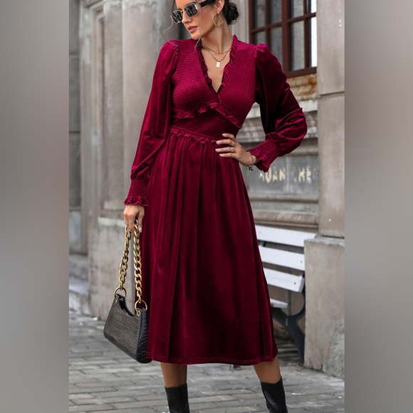Smocked Lantern Sleeve Midi Dress